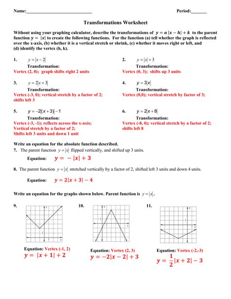 Transformations Of Functions Worksheet