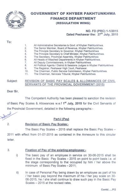 Notification Of Revised Pay Scales 2015 Kpk Govt