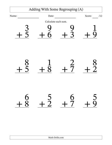Single Digit Addition Some Regrouping 12 Per Page A Addition