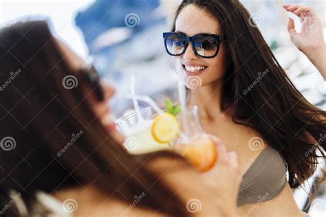 Attractive Girls Drinking Cocktails On The Beach Stock Image Image Of Ocean Glass 89831547