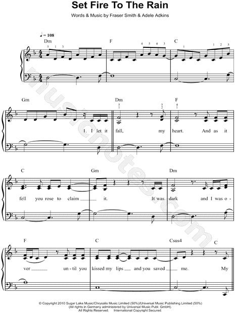 Adele Set Fire To The Rain Sheet Music Easy Piano In F Major