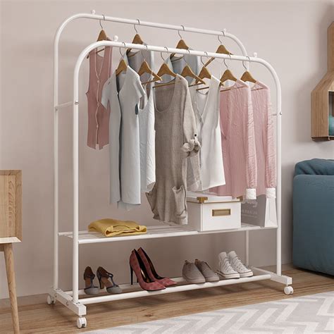 Metal Garment Rack Dual Rail Hanging Coat Shelf Stand Closet Clothes Hanger Home Bedroom Clothes