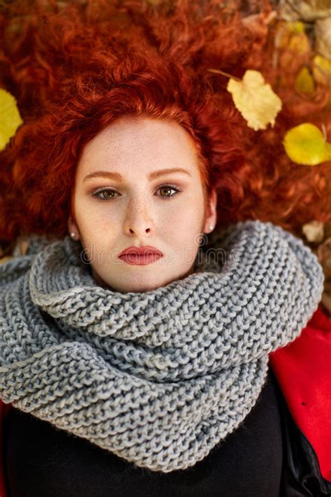 Portrait Of Red Haired Woman On Fallen Leaves Stock Photo Image Of
