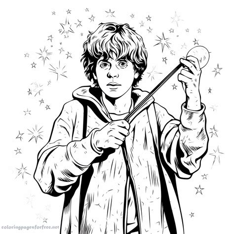 Beautiful Coloring Of Highly Detailed Ron Weasley Practicing Spells