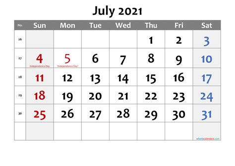 Free Printable July 2021 Calendar With Holidays Free Printable 2021