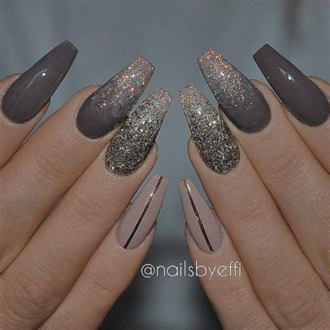 Dark Brown Nude And Gold Glitter On Long Coffin Nails Pretty Acrylic