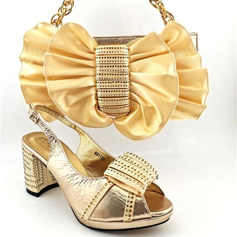 Hot Sale Gold Heel 8cm Women Pumps Match Bag With Rhinestone Decoration African Shoes And