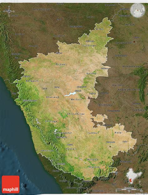 Karnataka map highlighted in india map on yellow background with swatch colours. Satellite 3D Map of Karnataka, darken