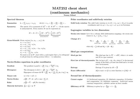 Continuum Mechanics Cheat Sheet Docsity