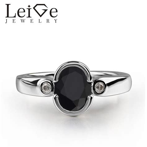 925 Silver Real Black Spinel Ring Oval Cut Black Gemstone Bezel Setting