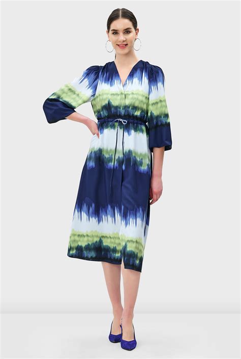 Shop Ruched Tie Dye Print Crepe Drawstring Dress Eshakti