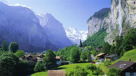 Trees Waterfall Lauterbrunnen Houses Mountains Viewes Switzerland