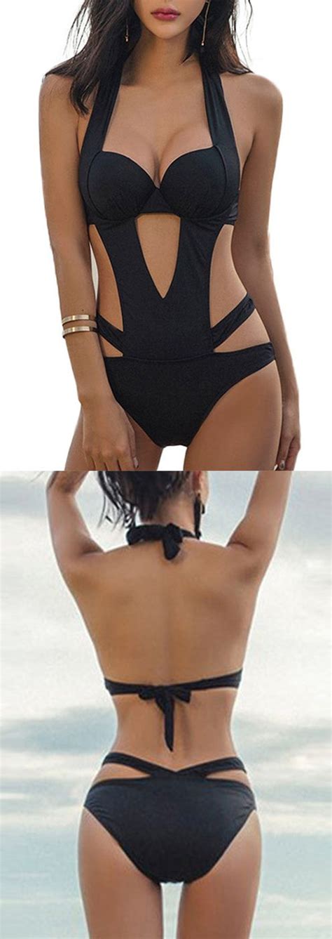 Iyasson Black Solid Color Halter Backless One Piece Swimsuit