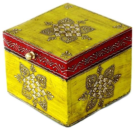 Wooden Hand Painted Jewelry Box In Yellow And Dark Red