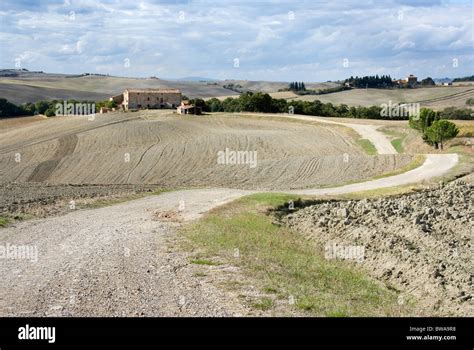 Winding Dirt Road Across The Sienese Crete Landscape Of Tuscany Italy