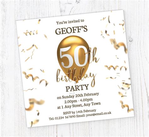 50th Gold Birthday Balloon Invitations Personalise Online Plus Free