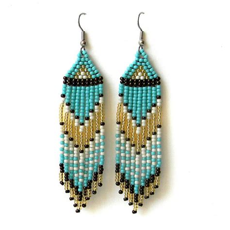 Turquoise Long Seed Bead Earrings Handmade Beaded Earrings Etsy