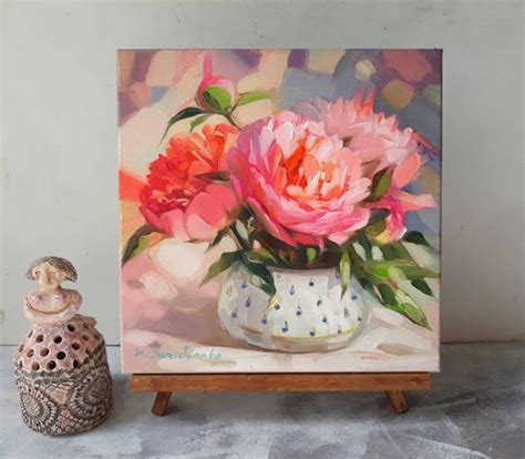 Pink Peonies Painting Original Art Flower Oil Cardboard Floral Glass