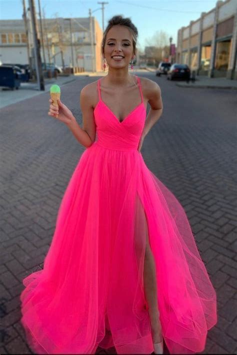 A Line V Neck Hot Pink Tulle Prom Dresses Formal Dresses Pgmdress