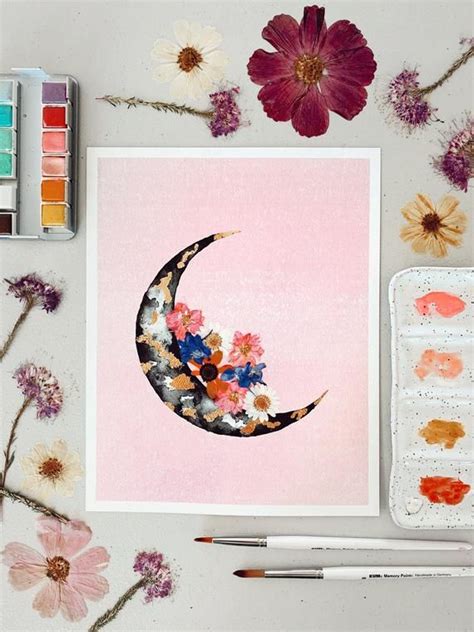 Embellished Print Feminine Crescent Moon Watercolor Moon Moon