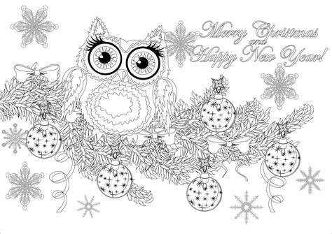 Christmas Owl On A Branch With Text Christmas Adult Coloring Pages