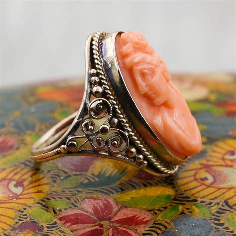 C1910 10k Handmade Coral Cameo Ring Pippin Vintage Jewelry