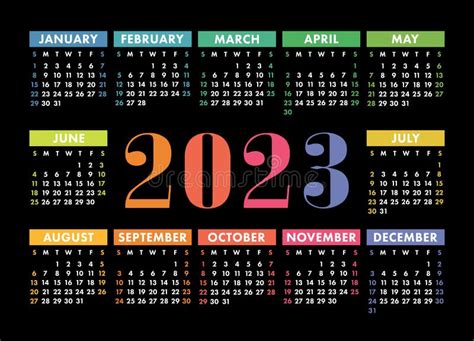 Calendario 2023 Año Inglés Colorido Vector Horizontal Pared O Bolsillo