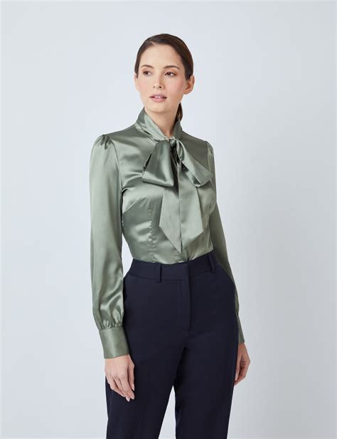 satin women s fitted blouse with single cuff and pussy bow in olive hawes and curtis usa