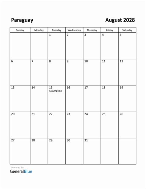 Free Printable August 2028 Calendar For Paraguay