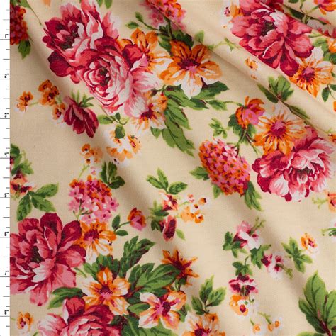 Cali Fabrics Bright Pink And Orange Rose Floral On Ivory French Terry