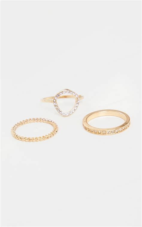 Gold Diamante Assorted Three Pack Rings Prettylittlething Aus