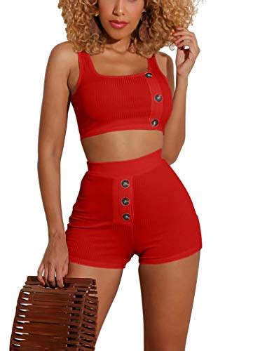 lagshian women s 2 piece casual set sexy tank outfit crop top shorts with buttons red pricepulse