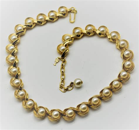 Crown Trifari Goldtone Necklace With Faux Pearls Vintage 1960s By