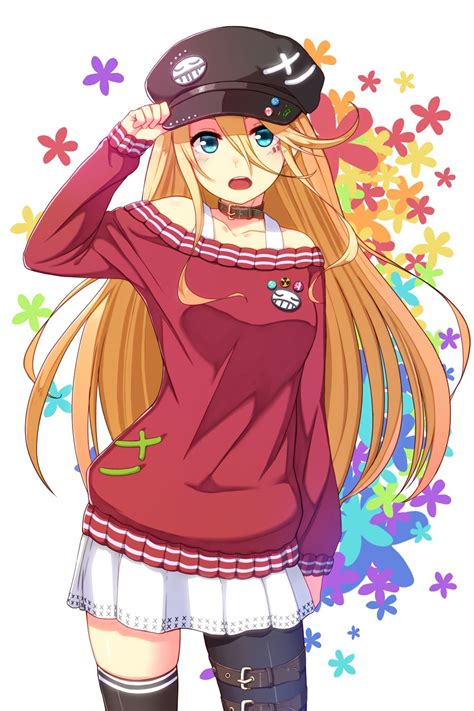 anime girl with orange blonde hair blue eyes red sleeved shirt white skirt choker flowers