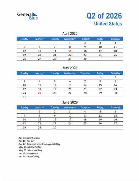 Q2 2026 Quarterly Calendar With United States Holidays Pdf Excel Word