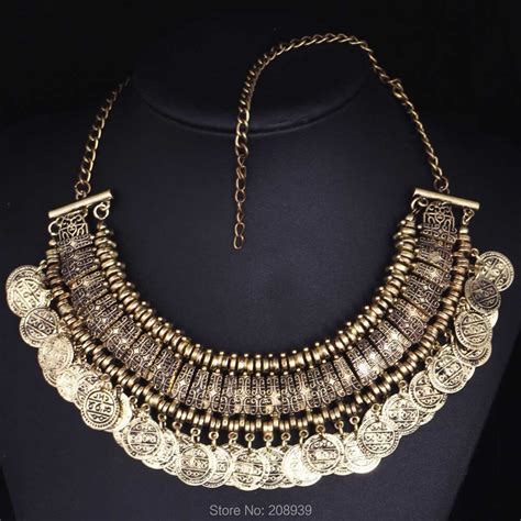 Newest Gorgeous Fashion ANTIQUE GOLD Silver Coin Pendants Bib Statement Women Choker Necklaces