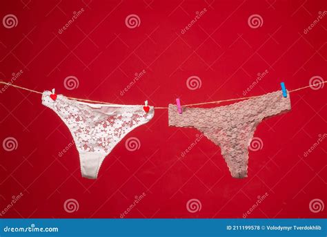Panties Isolated Over Red Womans Lace Panties Erotic Panties Hanging