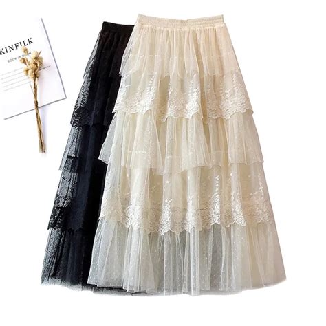 Tigena Elegant Lace Patchwork Tulle Long Skirt For Women Romantic