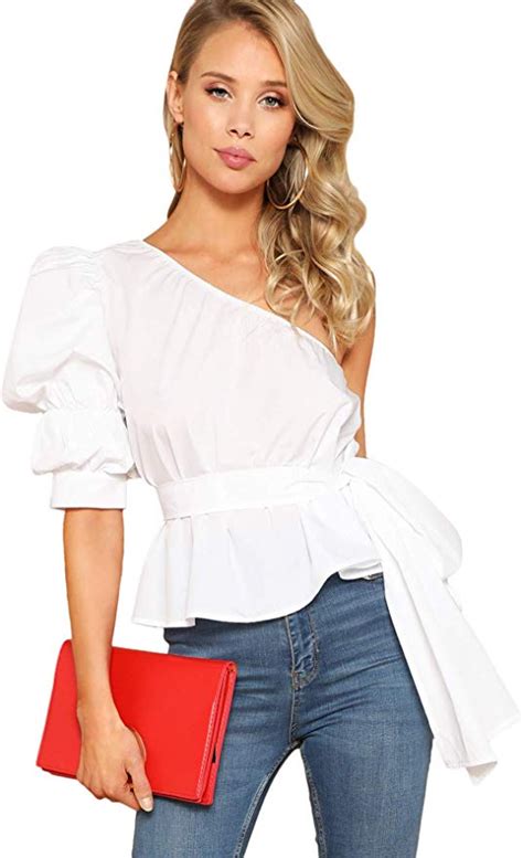 Romwe Womens One Shoulder Short Puff Sleeve Self Belted Solid Blouse