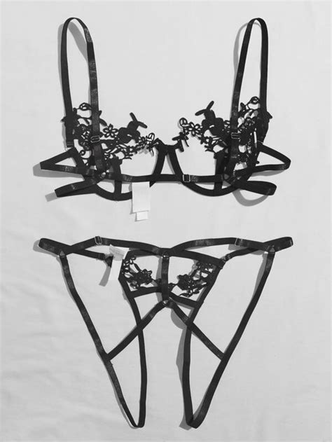 lace appliques underwire crotchless lingerie set shein usa