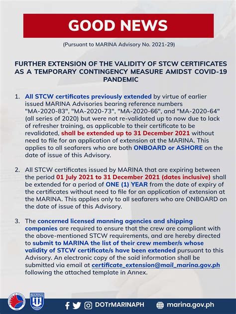 Good News Marina Further Extends The Validity Of Stcw Certificates As