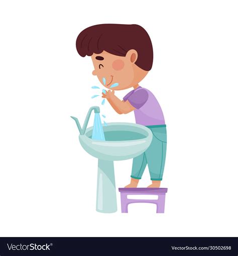 Little Boy Washing His Face Standing On Stool In Vector Image