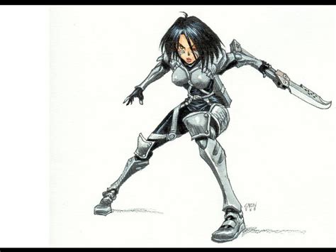 a drawing of a woman in armor holding a knife and looking at the camera with one hand