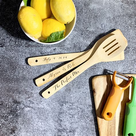 Personalized Bamboo Fork Spatula Set Set Of 3 Wooden Kitchen Spoon