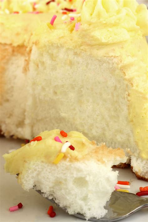 Angel food cake is a low fat cake recipe made mostly from egg whites, cake flour, and sugar. Angel Food Cake with Lemon Buttercream Frosting - Two Sisters