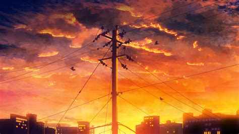 Download 1920x1080 Anime Sunset Landscape Birds Clouds Wallpapers