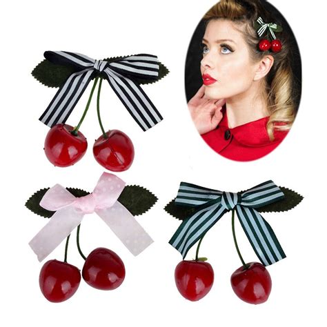 Cherry Bow Hair Clip For Pinup Girls Retro Vintage Rockabilly Hair Accessory Hairgrips Hair