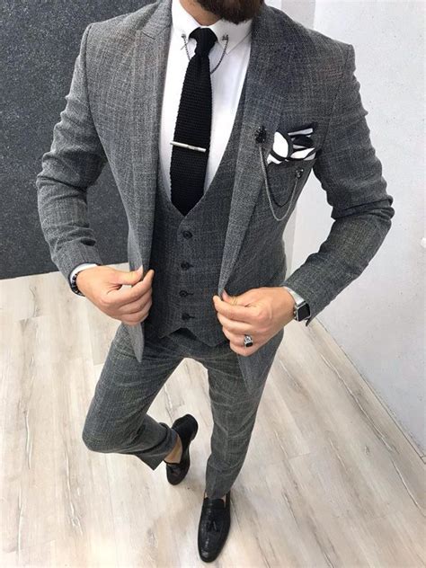 Fitmop Gray Slim Fit Patterned Suit Grey Slim Fit Suit Mens Fashion