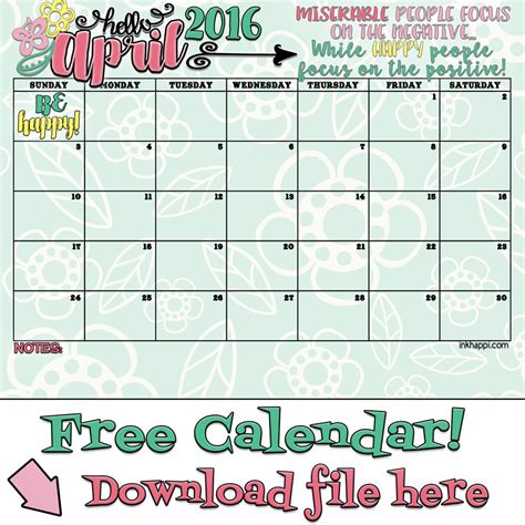 April 2016 Calendar Free Printables Inkhappi