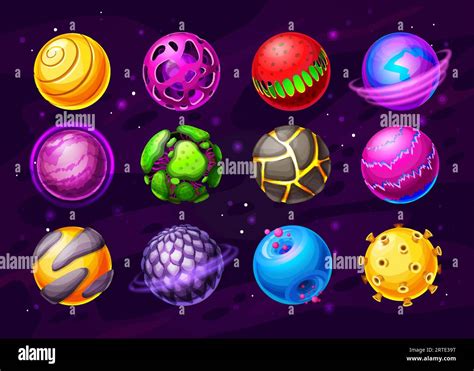 Alien Life Planets Fantasy Space Worlds Cartoon Icons Colorful